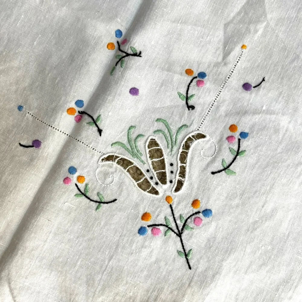 Vintage linen blend tablecloth topper embroidery cutwork creamy white square